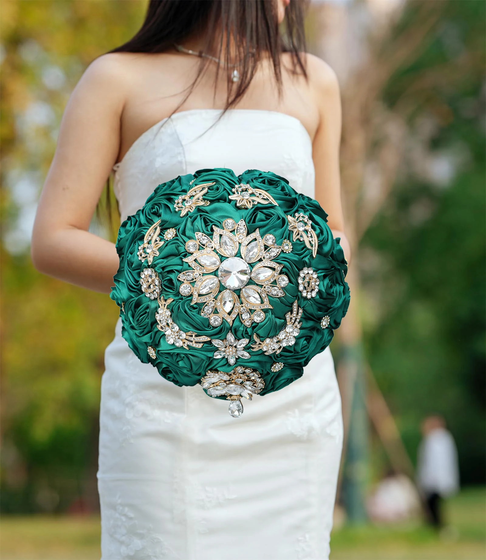 

Bride Flowers Luxury Crystals Jewelry Bridal Bouquets Artificial Satin Roses Wedding Fake Bouquet