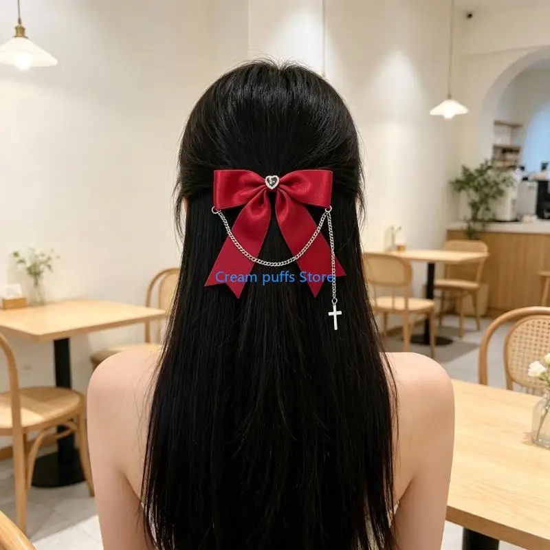 50LE Charm Lace Hair Bows Punk Hair Styling Accessory With Oversized Design and Eye Catching Star Chain Charm for Cosplay