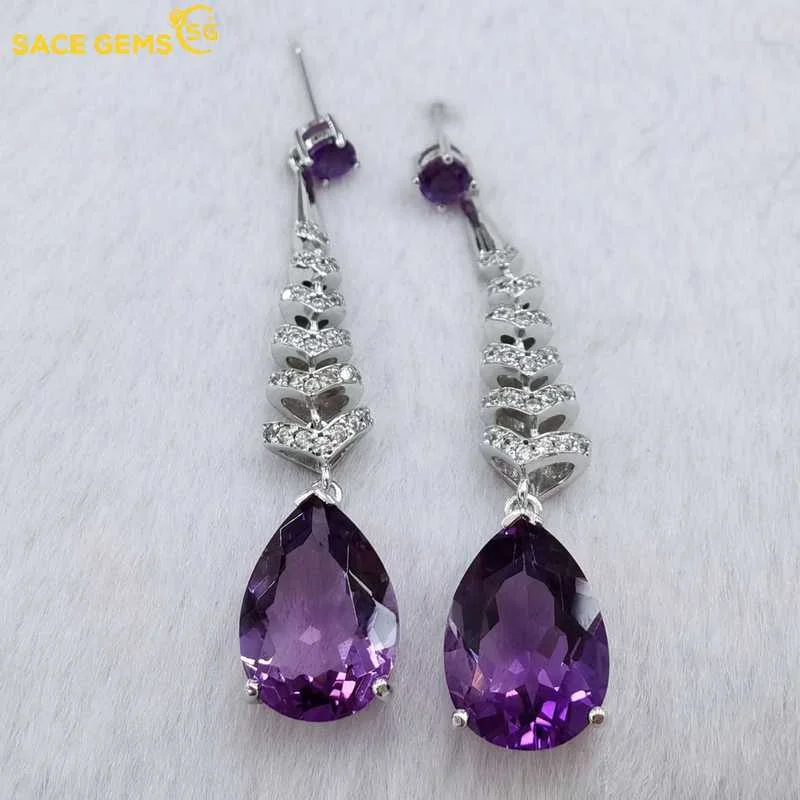 

SACE GEMS 2022 Trend 925 Sterling Silver Natual Amethyst Gemstone Big Drop Earrings for Women Cocktail Party Fine Jewelry Giift