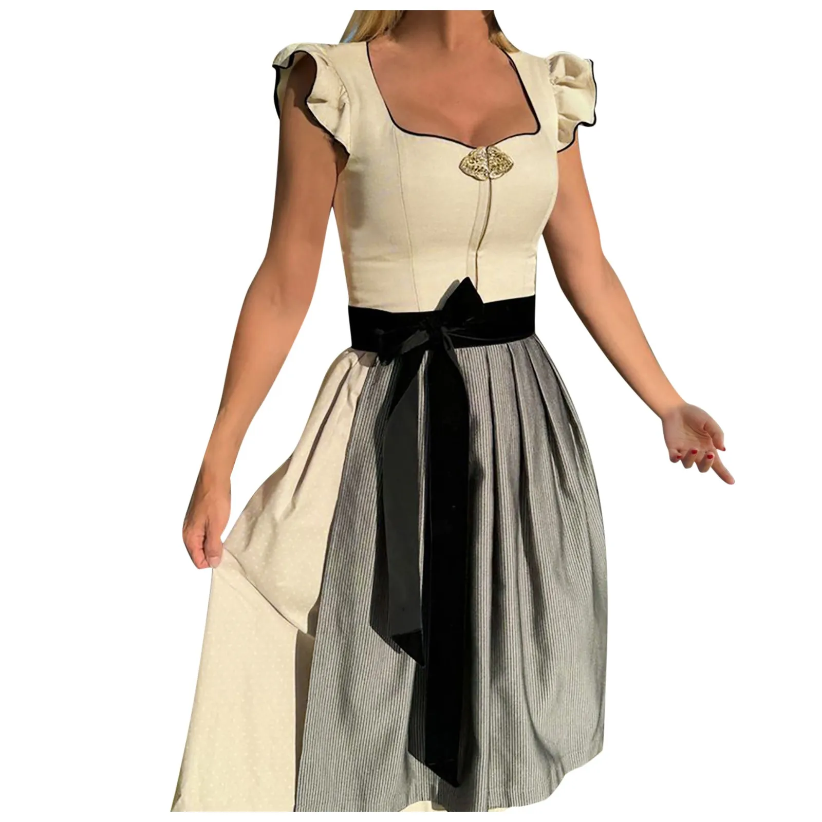 

Square Neck Patchwork Slim Dresses Traditional German Oktoberfest Dirndl Lace Up Dress Halloween Cosplay Costume Party Outfit