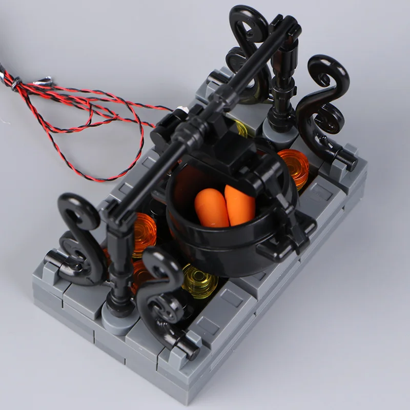 Moc led blocos de construção fogueira chama torrada peru acessórios conjunto pote ferro modelo tijolo diy luz brinquedo presente