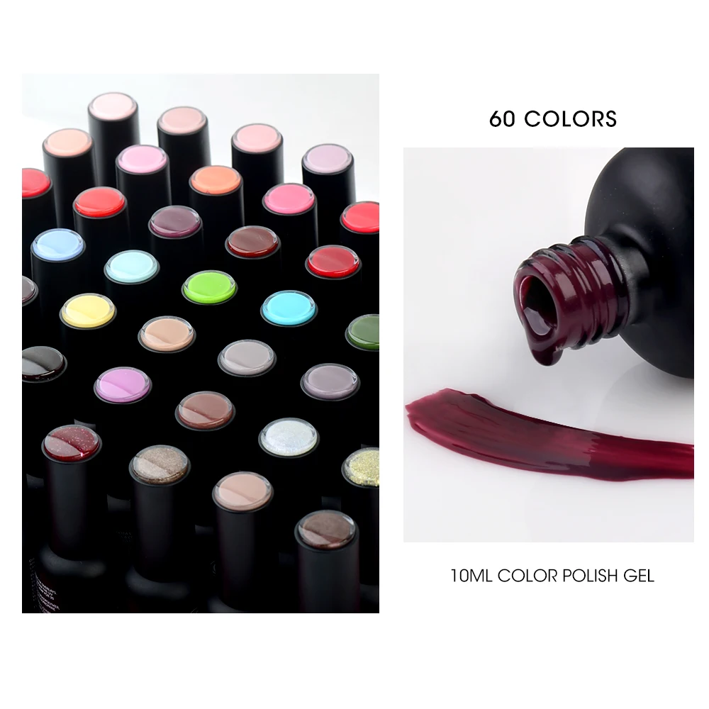 12ML/Pcs Gel Nail Polish 60 Semi-Permanent Colors Soak Off UV LED Lamp With No Wipe Clear Top Gel for Long Lasting Shine