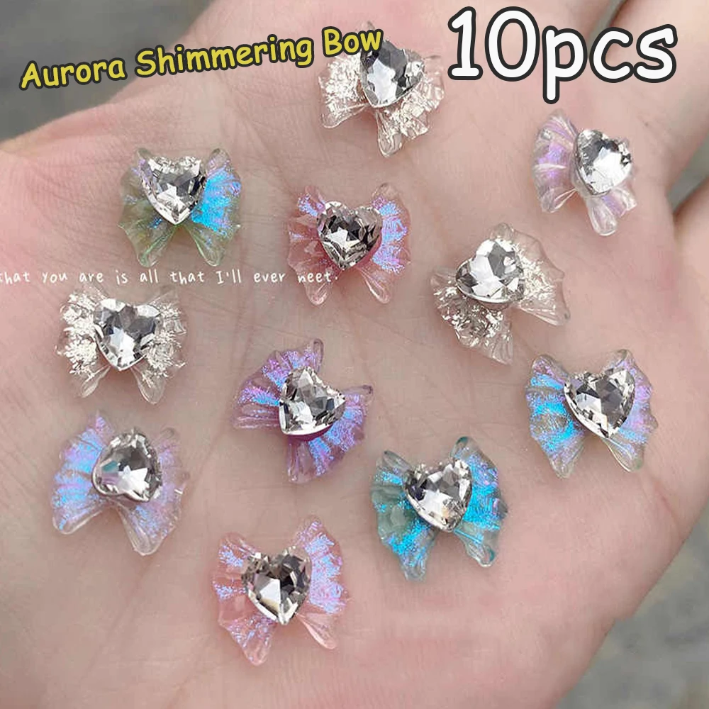 10개입 3D 반짝이 리본 하트 모양 라인스톤 네일 참 장식 라인스톤이 박힌 글리터 리본 네일 장식 발렌타인 용품