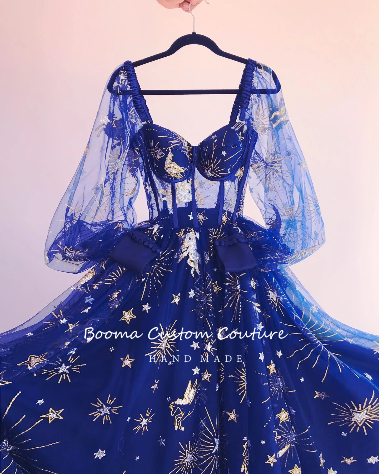 Booma Fairy Constellation Embroidery Tulle Maxi Prom Dresses Sweetheart Long Sleeves A-Line Wedding Party Dresses Customized