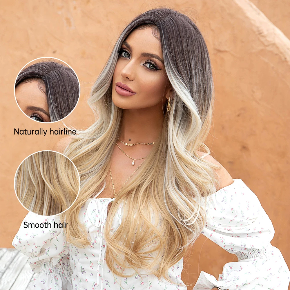 ALAN EATON Long Natural Wave Synthetic Wigs for Women Ombre Dark Brown to Golden Blonde Highligth Wig Middle Part Heat Resistant