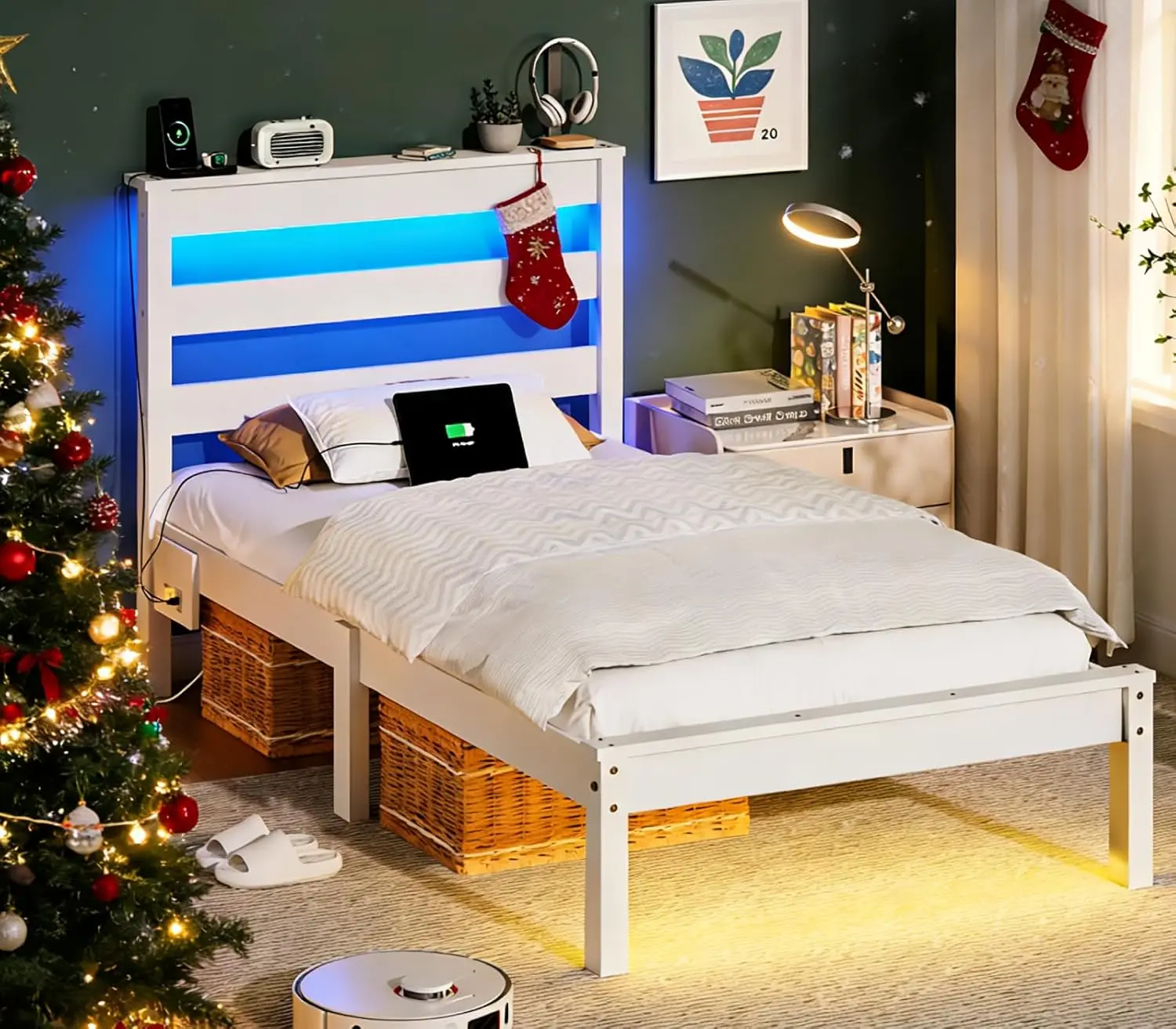 

Каркас двуспальной кровати из массива дерева со светодиодной подсветкой и USB-зарядкой, кровать-платформа с полкой-изголовьем для хранения, без пружинного блока, на заказ