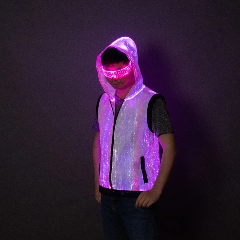 LED Light Up Optical Men Jacket Hoodie Vest Coat Luminous Rave Costume Party Nightclub DJ Stage Dance Wear Fancy Circus Show