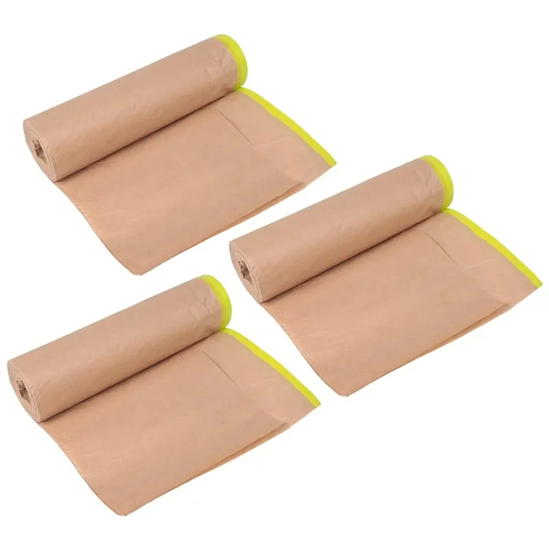 Professional Pre-Taped Masking Paper For Painting, 18 Inchx50 Feet Paint Masking Paper, Tape And Drape Painters Paper, (3 Rolls)