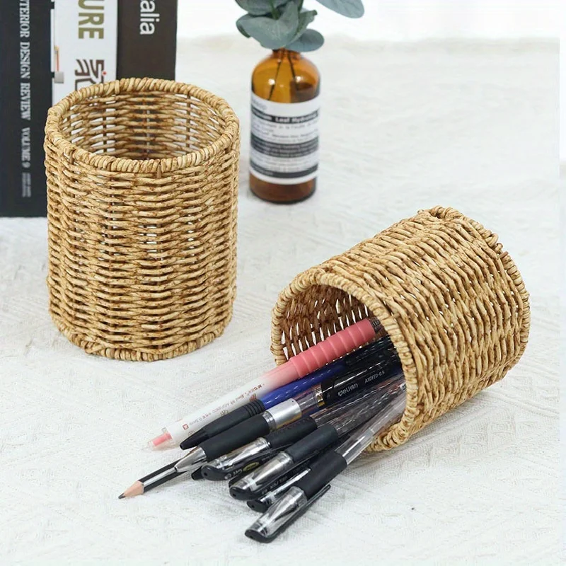 New Stationery Storage Round Desktop Pen Container Handmade Vine Woven Pen Holder