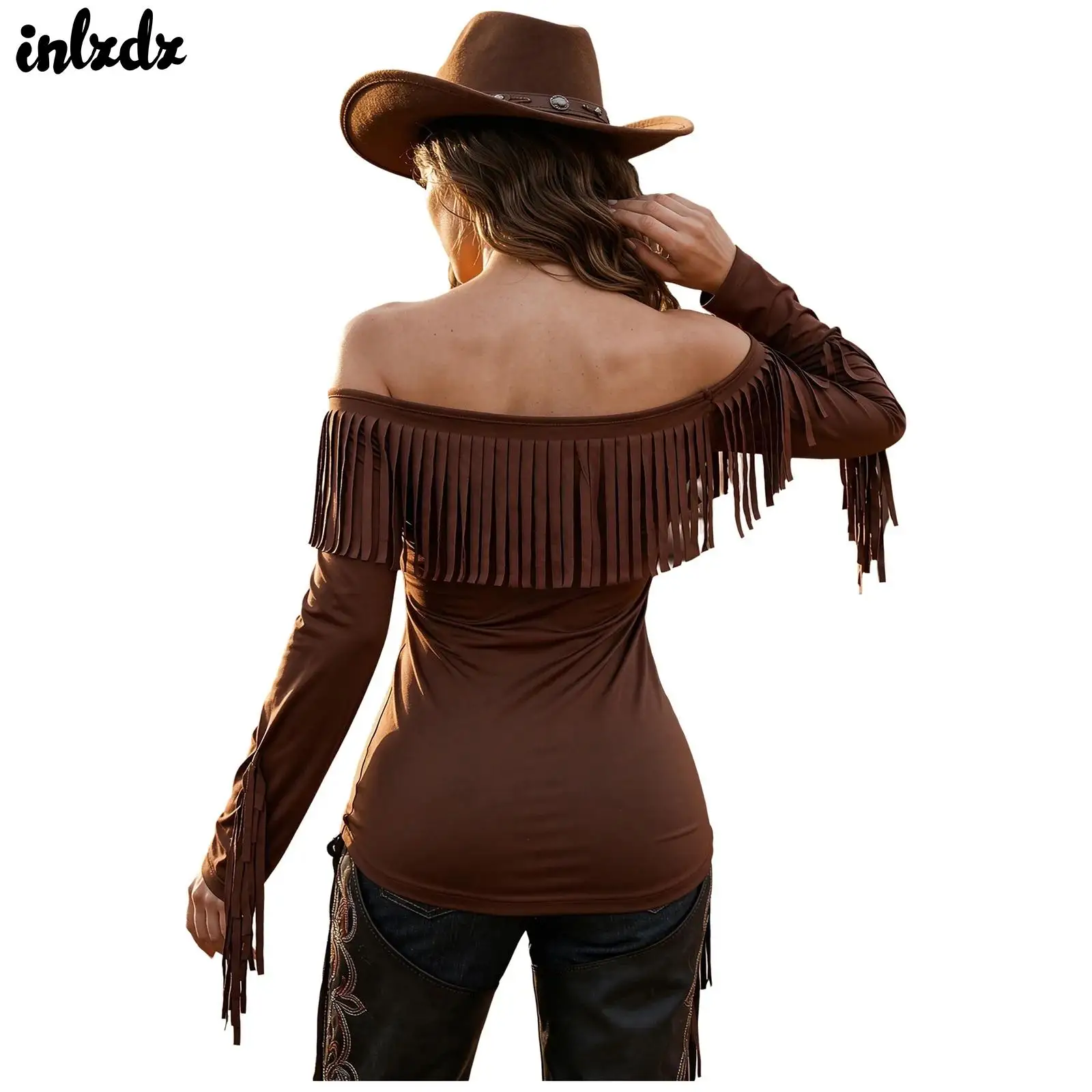 Women Western Cowgirl Suede Fringed Top for Halloween Off The Shoulder Tassel Western Boho Blouse Long Sleeve Stretchy T-shirt