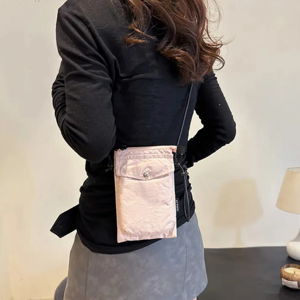 

Leather Straps Nylon Phone Bag Solid Color Japanese Style Square Phone Purse Adjustable Straps Zipper Small Cloth Crossbody Bag