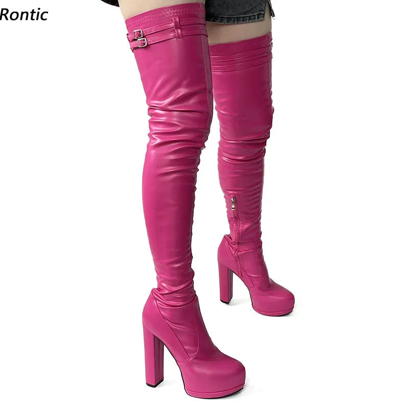 

Rontic Handmade Women Spring Thigh Boots Platform Buckle Strap Stiletto Heels Round Toe Red Fuchsia Party Shoes US Size 5-20