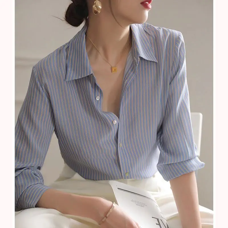 Women Summer Simplicity Office Lady Striped Appear Thin Polo-Neck Long Sleeve Shirts Women Clothes Casual All-match Trend Tops