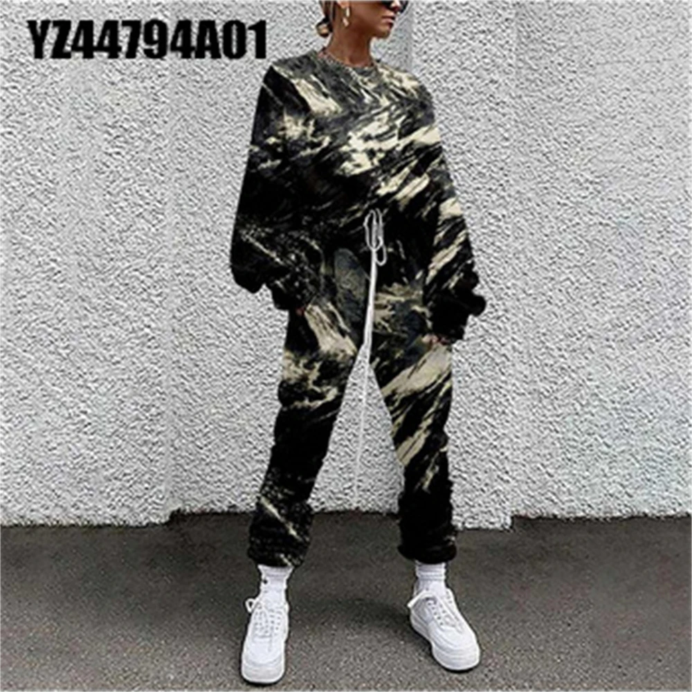 

Women 2 Pieces Set Sports Sweatshirts Pullover Sweatpants Suits Spring Casual Black Print Tracksuit