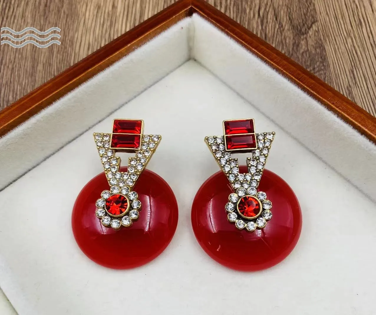 European and American red circular harbor style zircon inlaid antique earrings