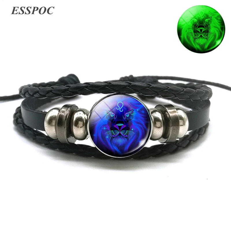 Glowing In The Dark 12 Constellation Leather Wrap Bracelet Punk Zodiac Braided Bracelet for Women Men Gifts Drop Shipping
