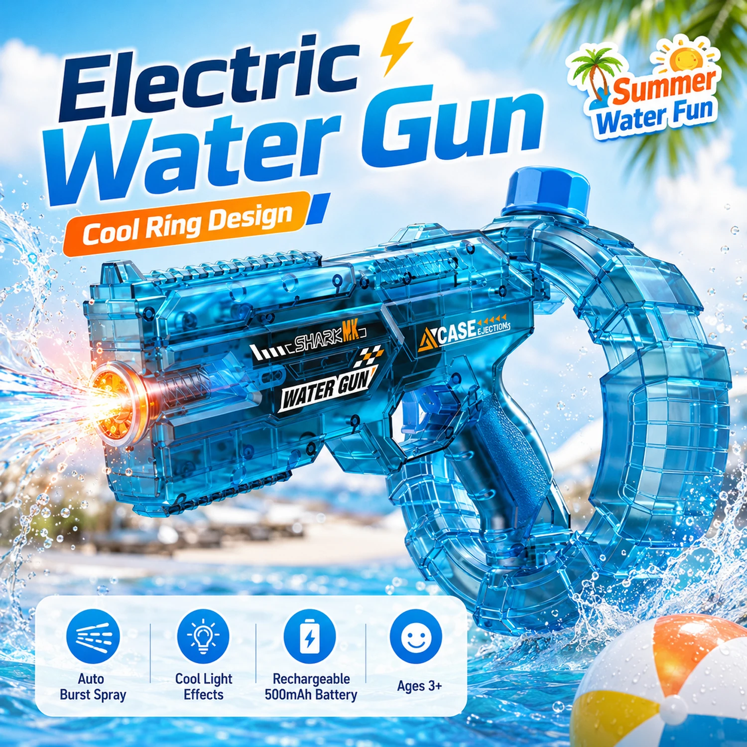 Electric Space Water Gun for Kids Large Capacity Spray Water Blaster with Cool Lights Summer Outdoor Pool Beach Toy