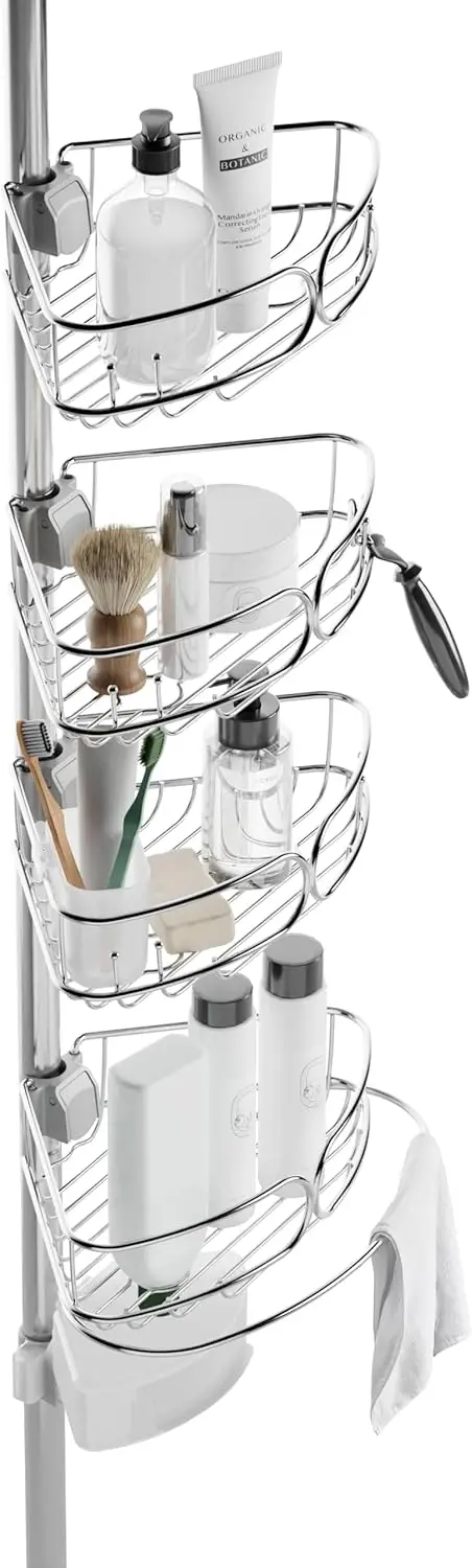 

Регулируемая натяжная стойка для душа с 4 полками, органайзер из нержавеющей стали для углового хранения в ванной комнате