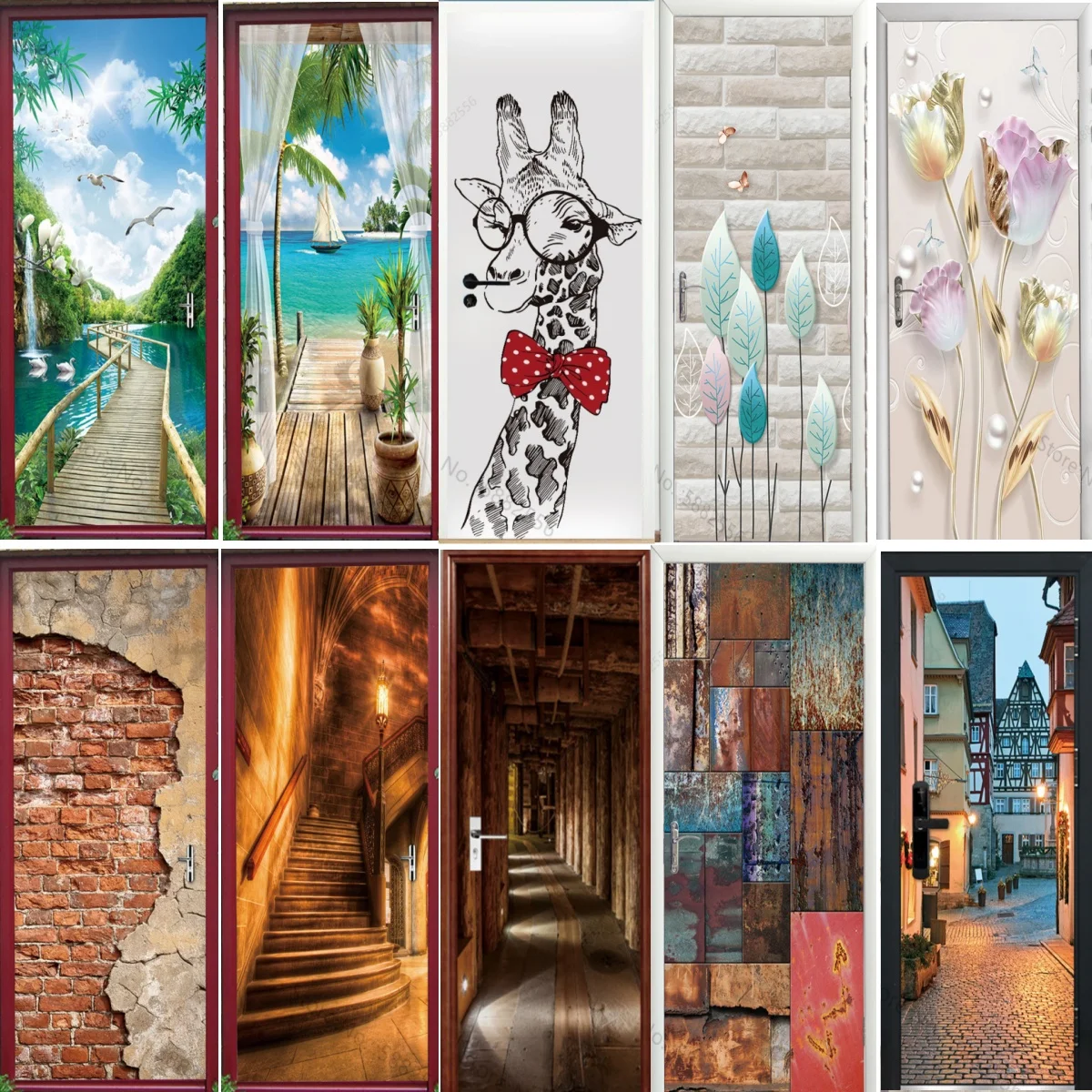 3D Retro Door Stickers PVC Poster Art Wallpaper Home Decoration Apartment Elevator Refrigerator Door Stickers