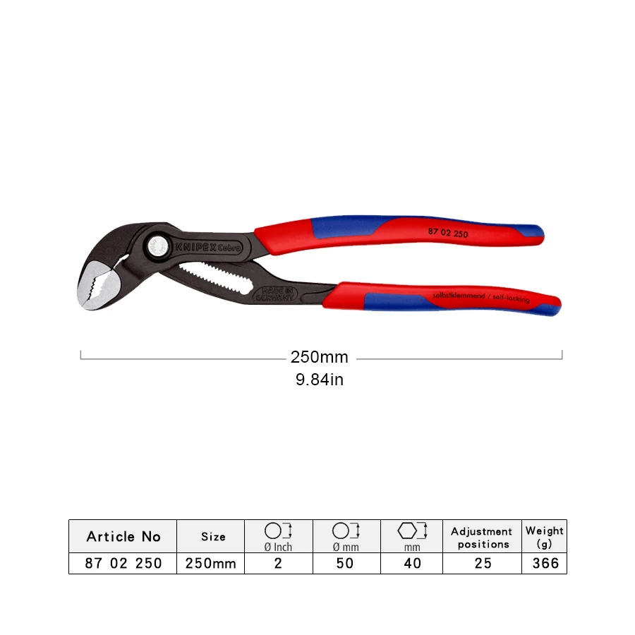 KNIPEX Cobra Zaawansowane technologicznie szczypce do pomp wodnych 250 mm Uchwyt antypoślizgowy Regulowany klucz hydrauliczny z szybkozłączem 87 02 250