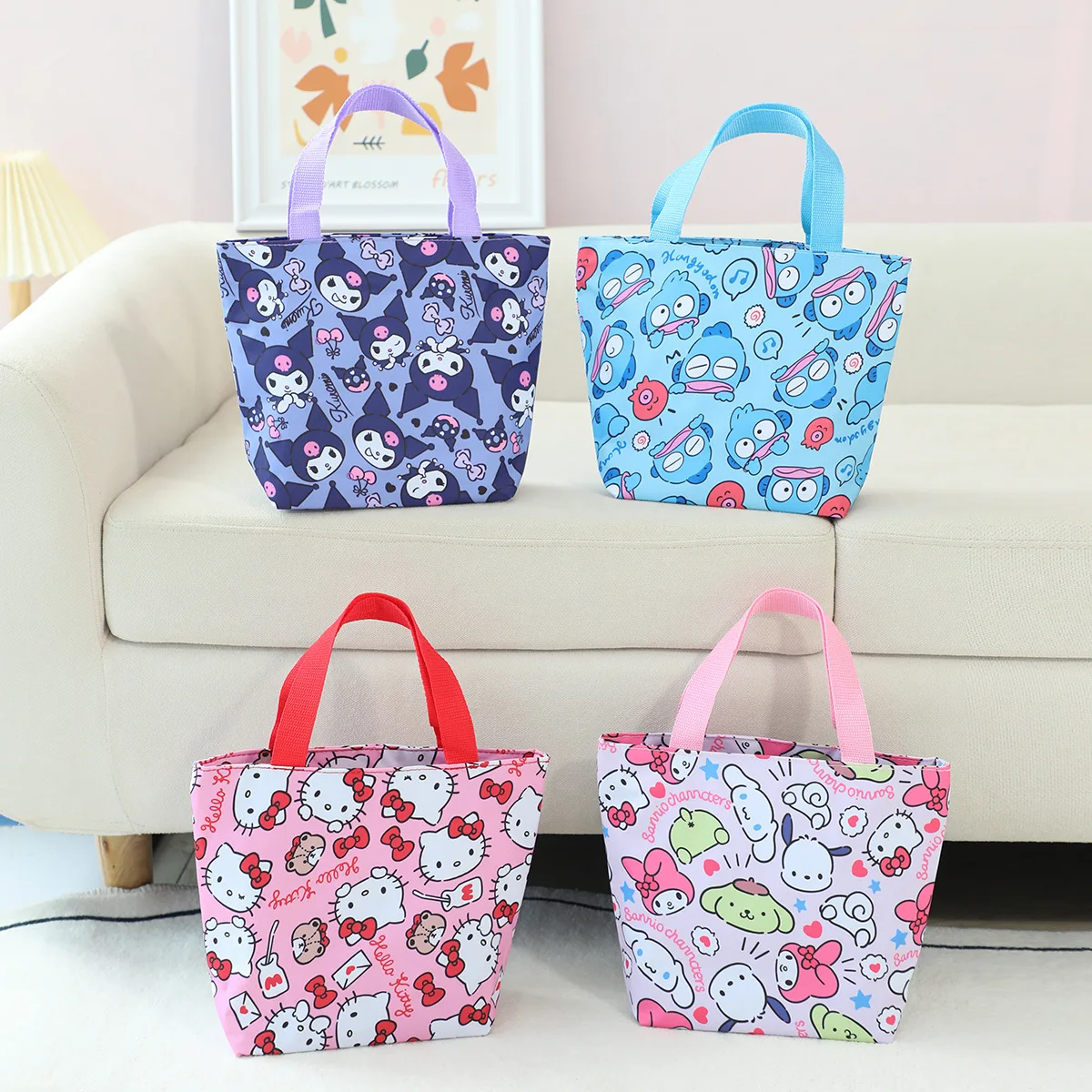 

Cute Bento Bag Hello Kitty Student Bento Bag Cartoon Kuromi My Melody Hangyodon Outdoor Work Zipper Lunch Box Bag Handbag Gift