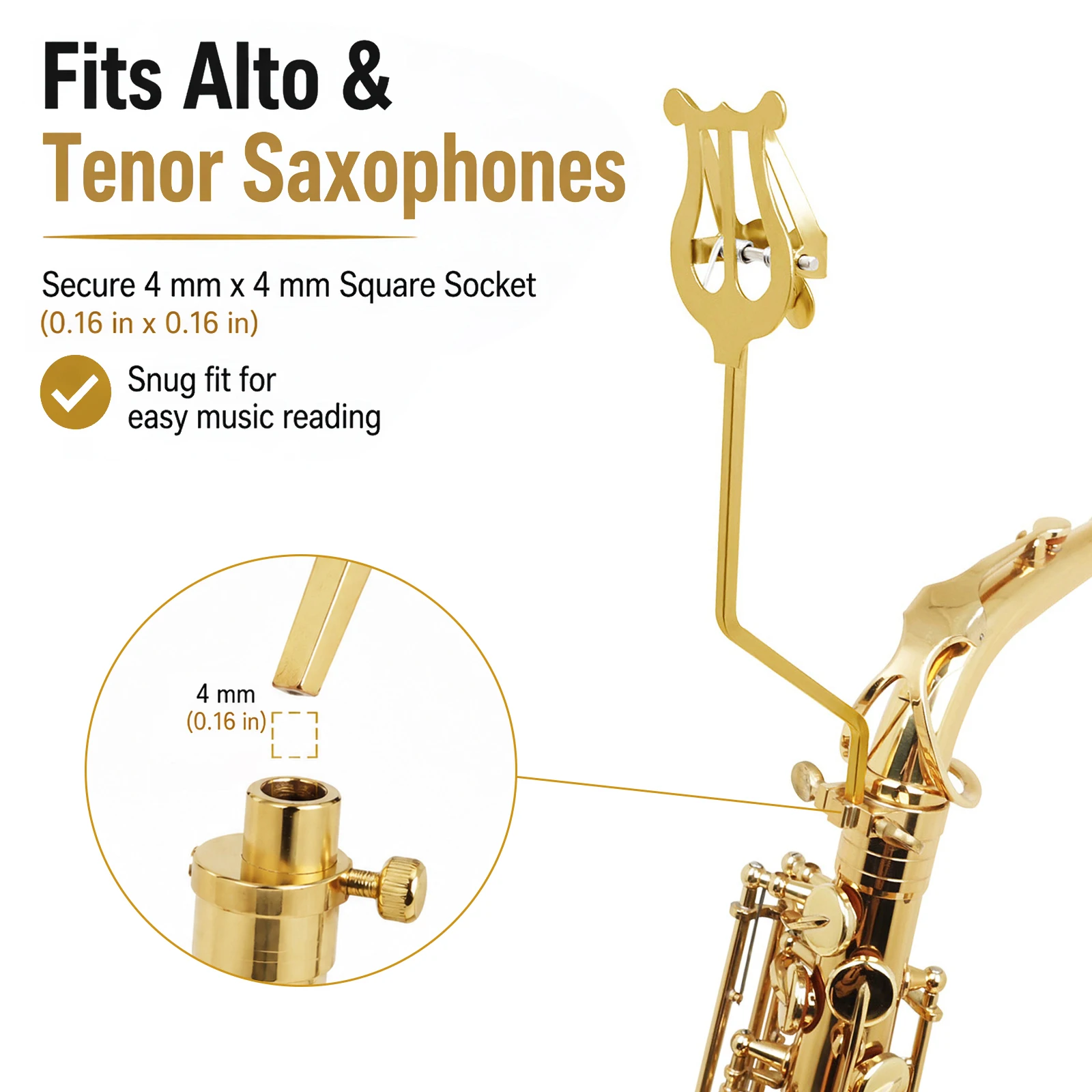 Alto Saxophone Marching Lyre Clamp-On Holder with 4 mm Square Insert and Sheet Music Clip