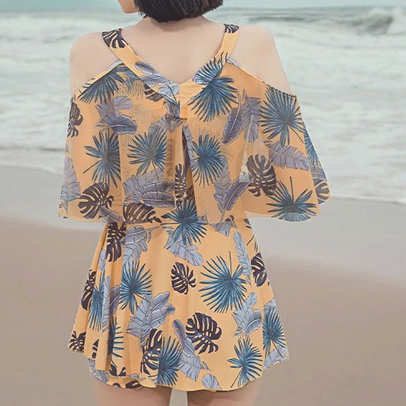 2023 Korean Summer Conservative Contrasting Colors Elegant Hawaiian Swimwear Women's Off Shoulder Beach Bath Clothing