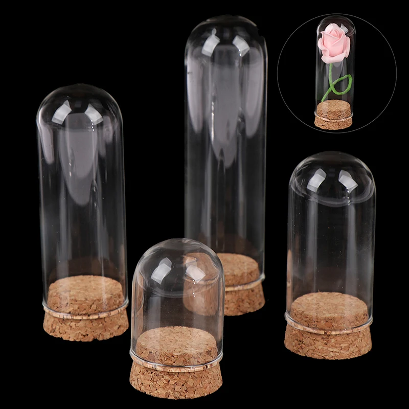 1pcs Doll house Glass Dome Display Wood Cork Bell Jar Cover Cloche Display With Wooden Base Height Table Decoation Craft