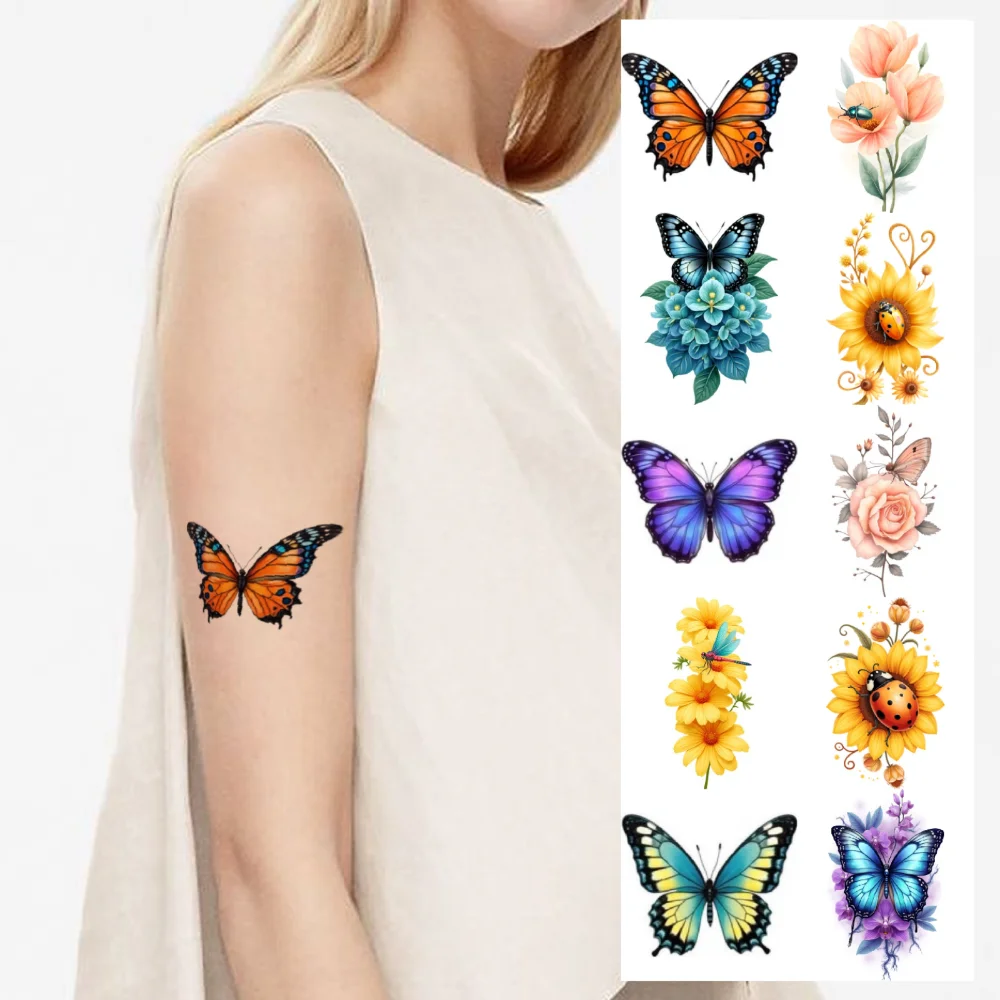 

28pcs Temporary Tattoo Colorful Dragonfly Sunflowers Bluebonnets For Adult Back Shoulders