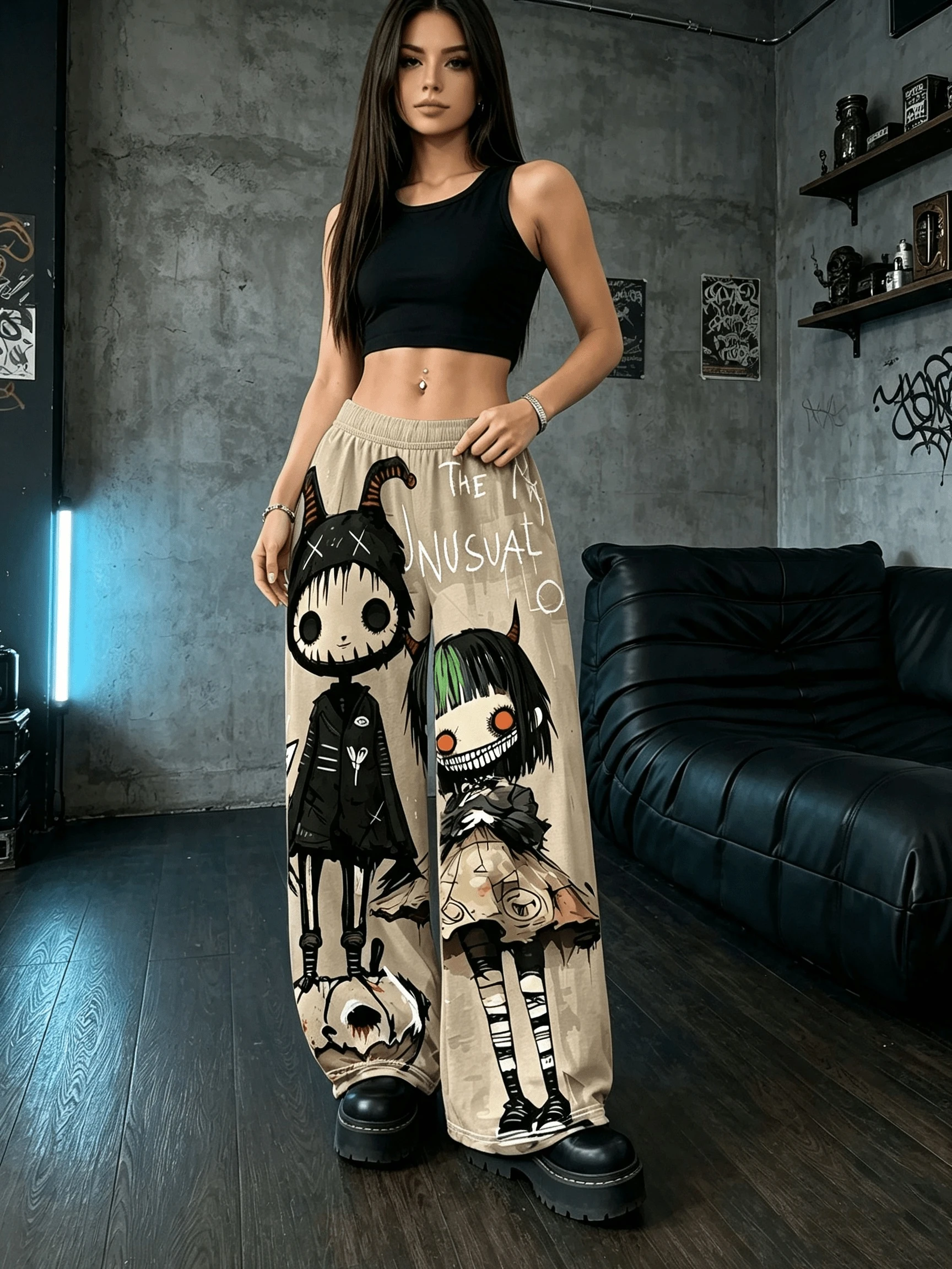 Y2K Dark Gothic Cartoon Girl Printed Wide Leg Pants for Women, Elastic Waist, Loose Drop, Street Subcultural Casual Pants
