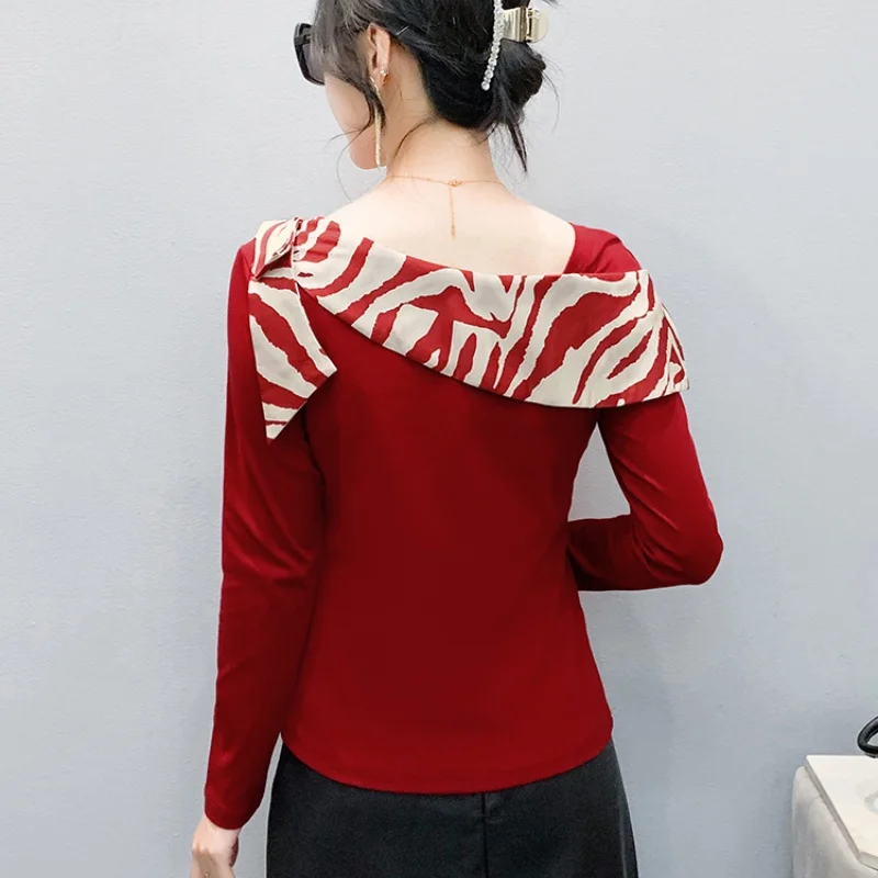 Fashion Women's Tops Clothing Chic Color Blocking Splicing Skew Collar Tees New Style Korean High Quality Cotton Female T-shirt
