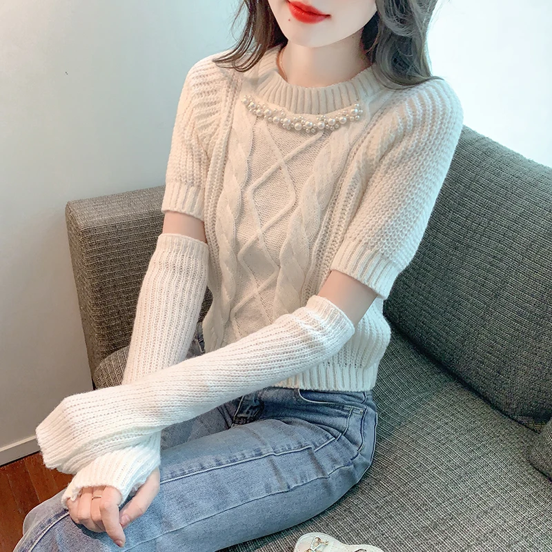 

Long Sleeves Pearl Top New Style Women's Sweater Chic Round Collra Pullover Sweater Women Solid Colors Sweater