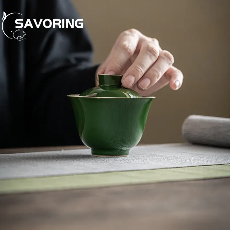 150ml Emerald Grass Ash Tea Tureen  Antique Handmade Large Gaiwan Kung Fu Tea Set Ceramic Tea Bowl Anti-scalding Household