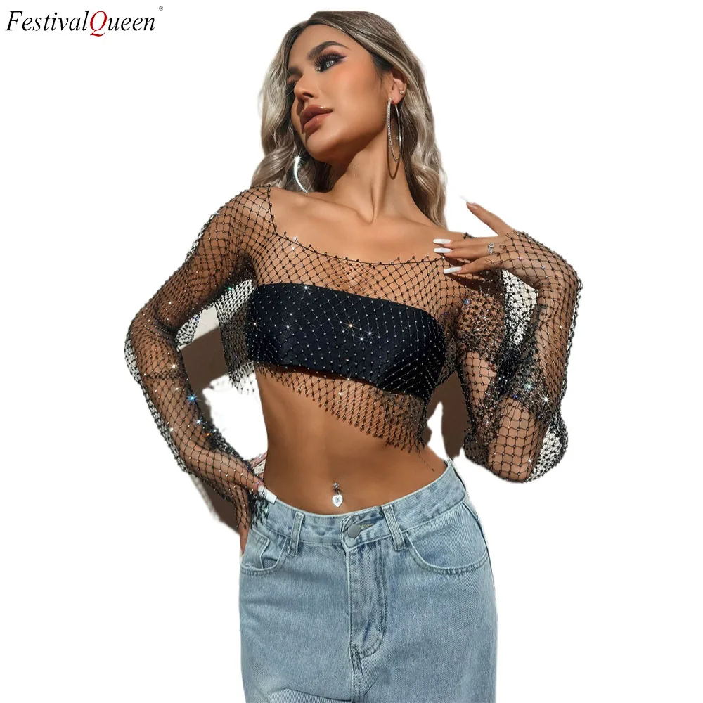 

FestivalQueen Sexy Long Sleeve Rhinestone Fishnet Mesh Top Sparkling Slim Fit Crop Top For Party Women's Clothing