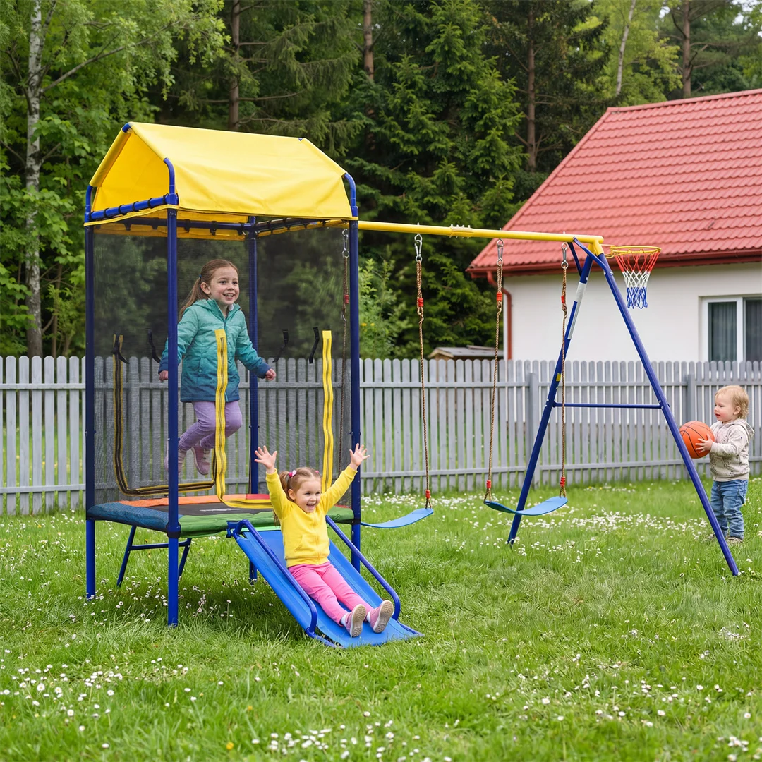 Balançoire de loisirs, ensemble de jeux de jardin multifonctionnel, tour de jeux pour enfants, trampoline extérieur, balançoire, toboggan