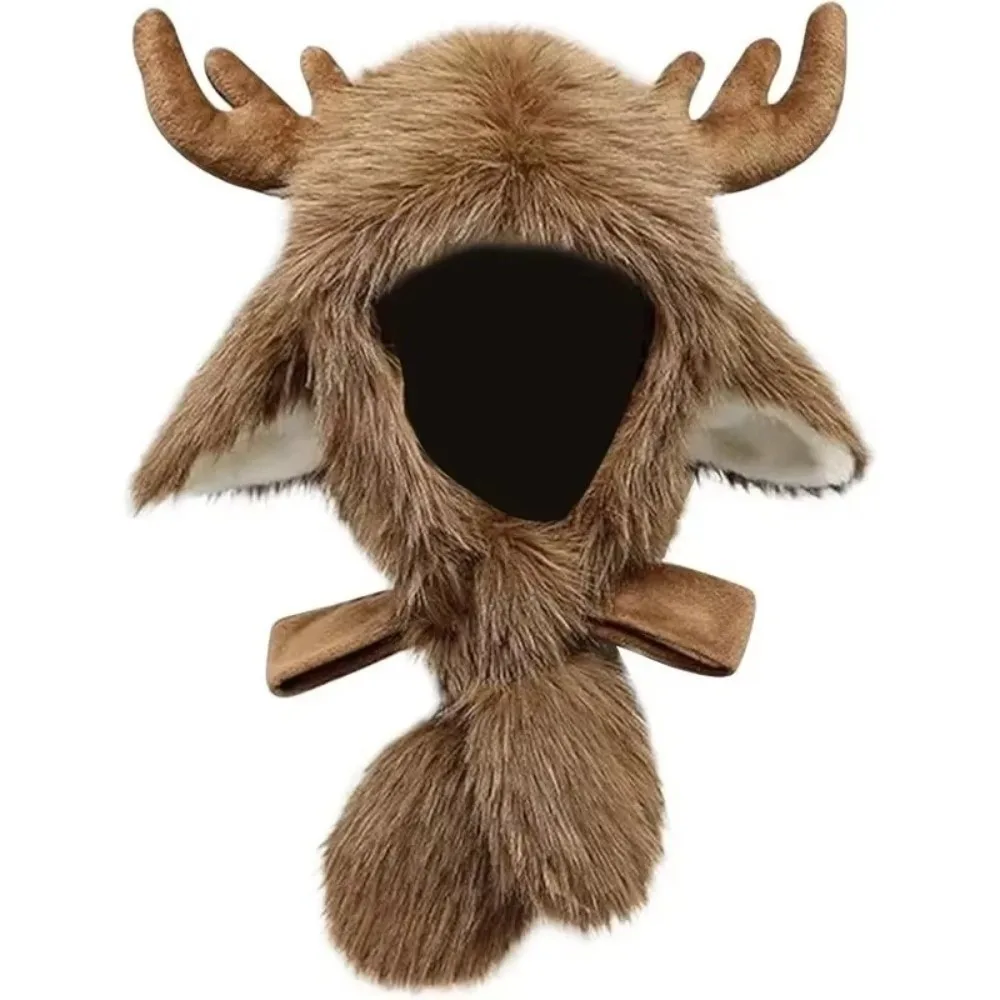 Pullover Style Christmas Elk Hat Teddy Fleece Adjustable Tie Reindeer Antler Hat Fluffy Texture Warm Ear Protection Hat