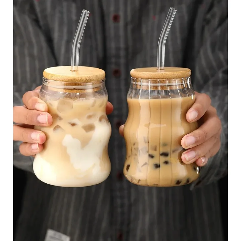 

450ml Glass Cup With Lid and Straw Transparent Bubble Tea Cup Juice Glass Beer Can Milk Mocha Cups Breakfast Mug Drinkware