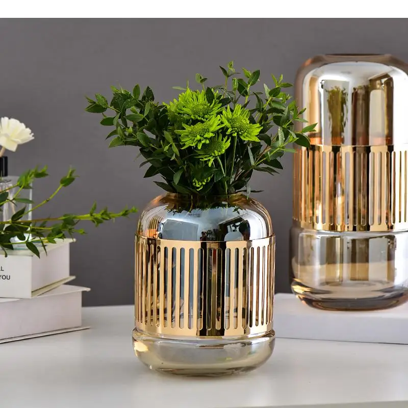 Glass Vase Metal Rack Hollow Out Flower Arrangement Hydroponics Transparent Modern Home Decoration Wedding Vases