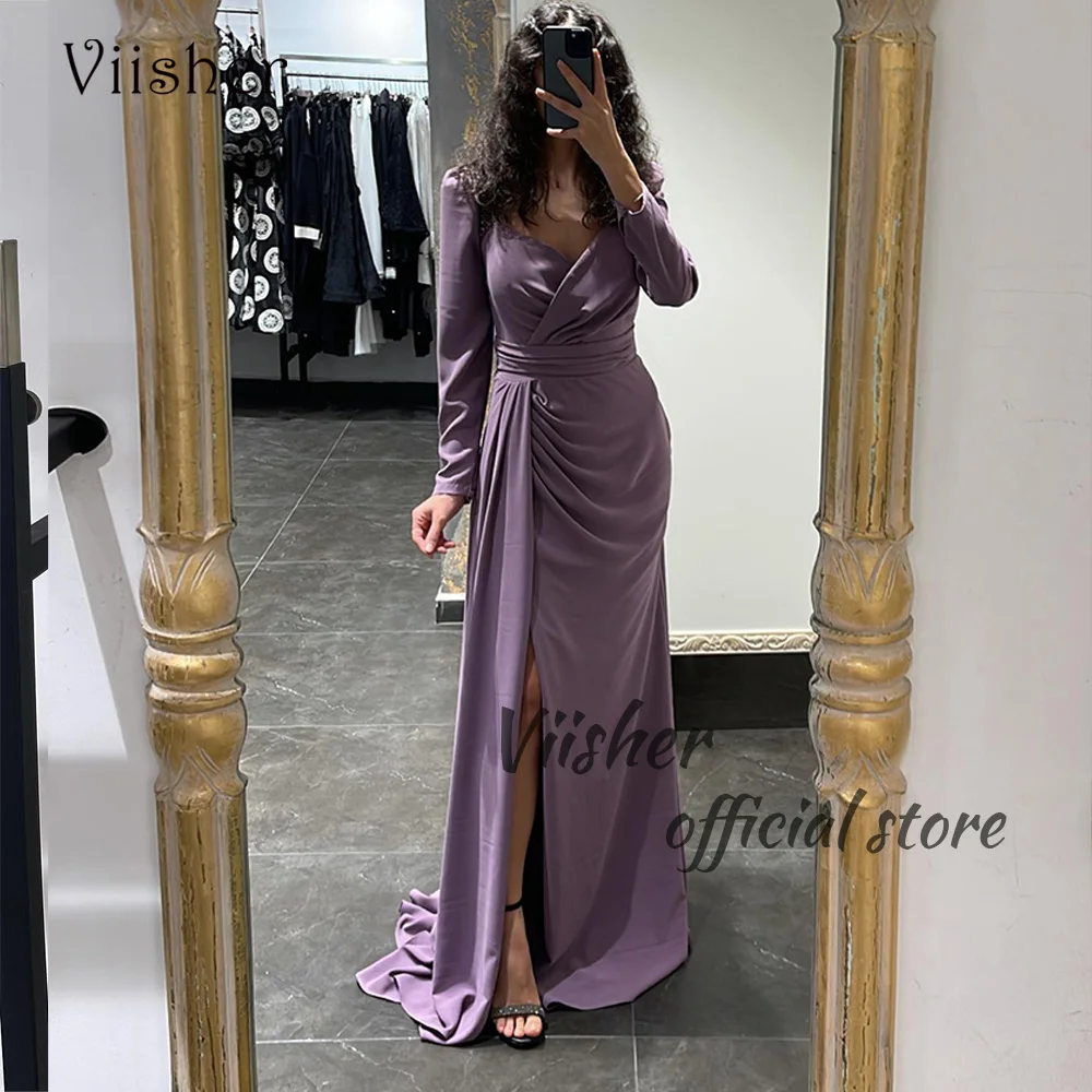 

Viisher Lavender Mermaid Evening Dresses for Women Long Sleeve Pleats V Neck Arabia Dubai Formal Dress with Slit Prom Dress