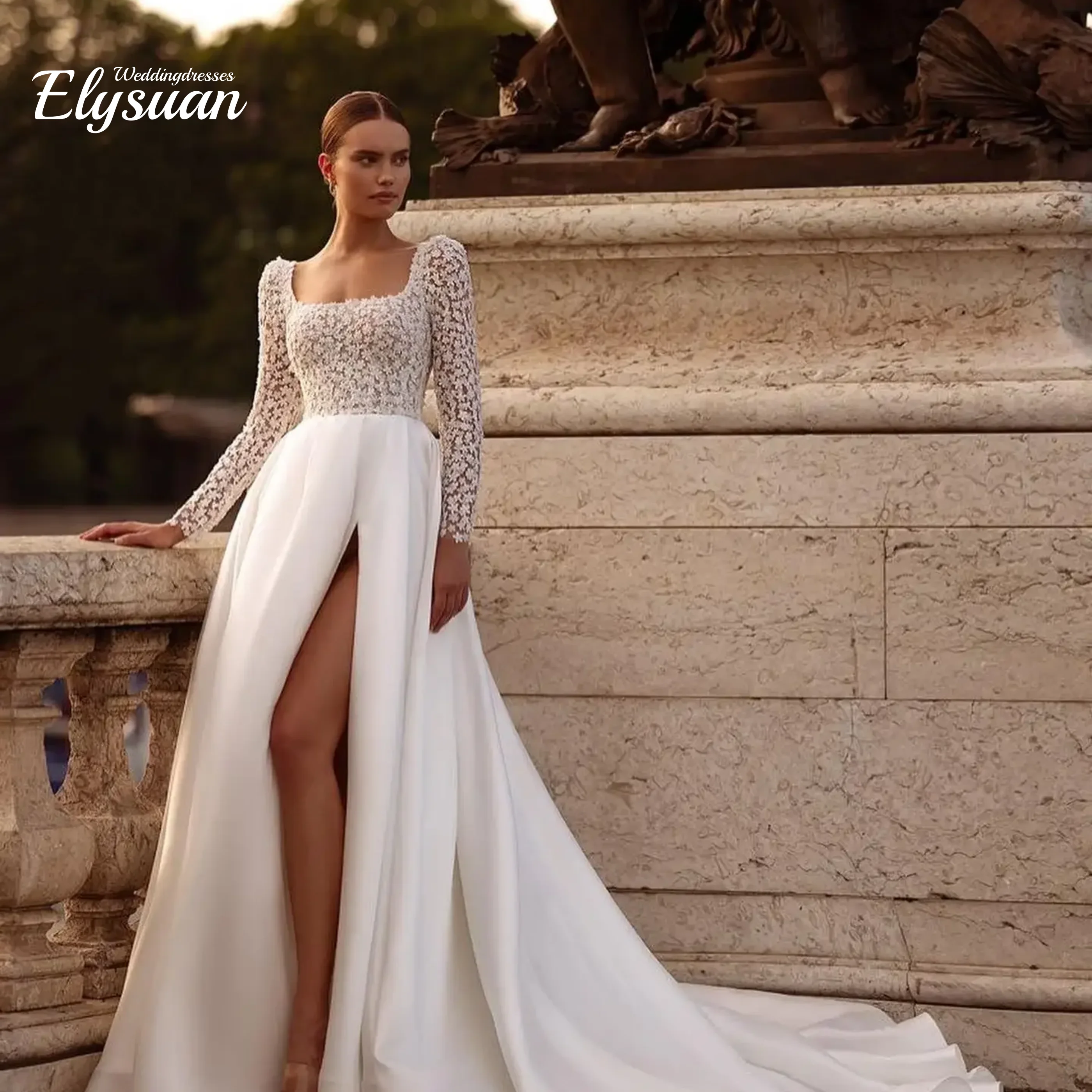 Vestido de noiva personalizado, renda, pescoço quadrado, manga longa, linha a, formal, vestidos de casamento elegantes para noiva