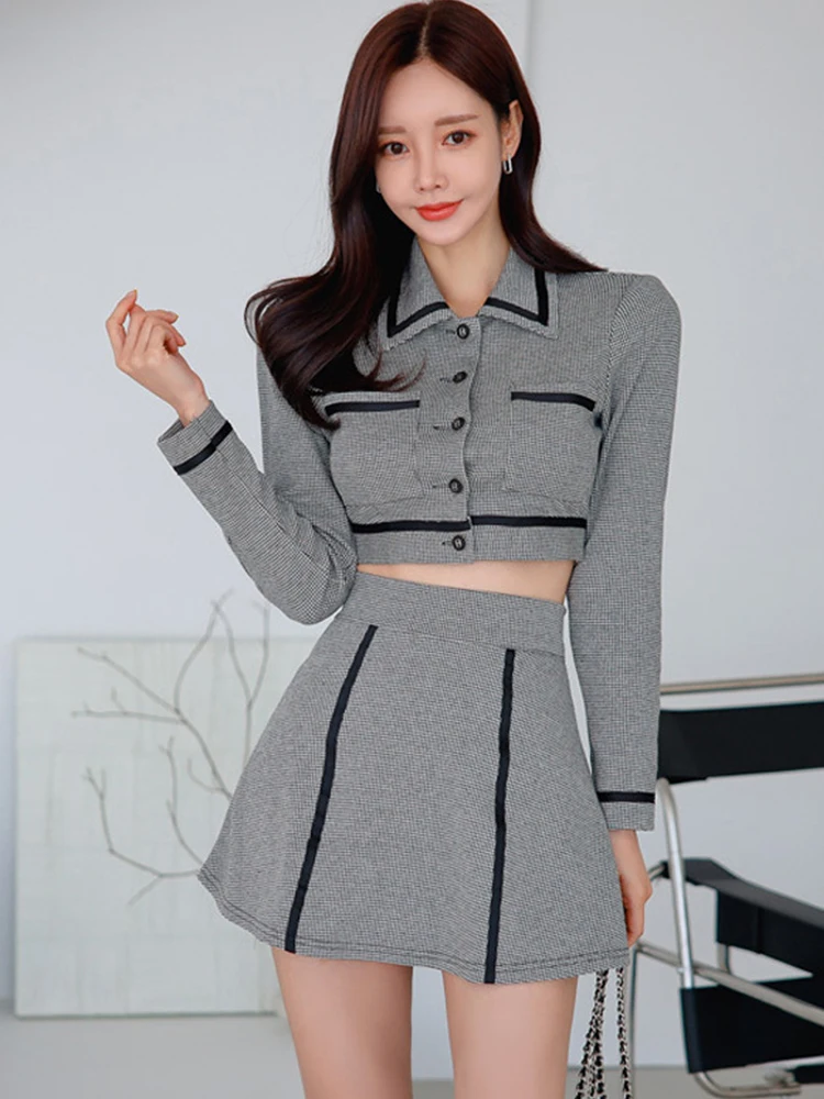 

Spring Korean Style 2 Piece Outfits Women Retro Short Cropped Tops Jackets Coat Female High Waist Mini Skirt Sets Mujer Street