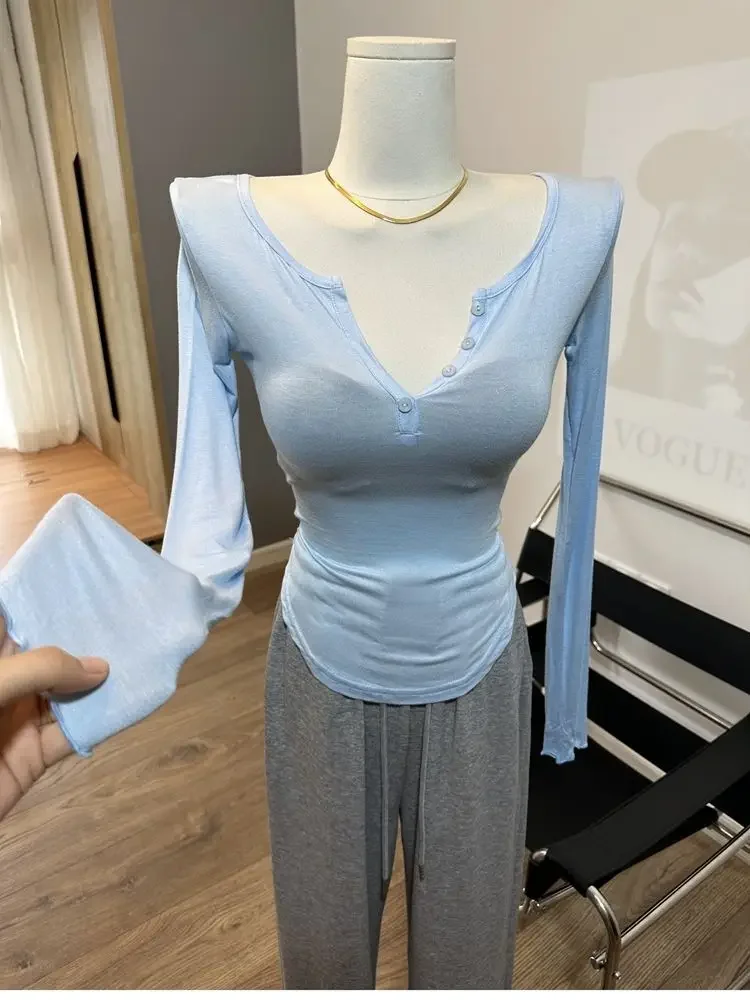 Wholesale Modal High Strecth Top Basic Slim T Shirts  2023 Thin Base Top Long Sleeve Solid Women V Neck Microtransparent T Shirt