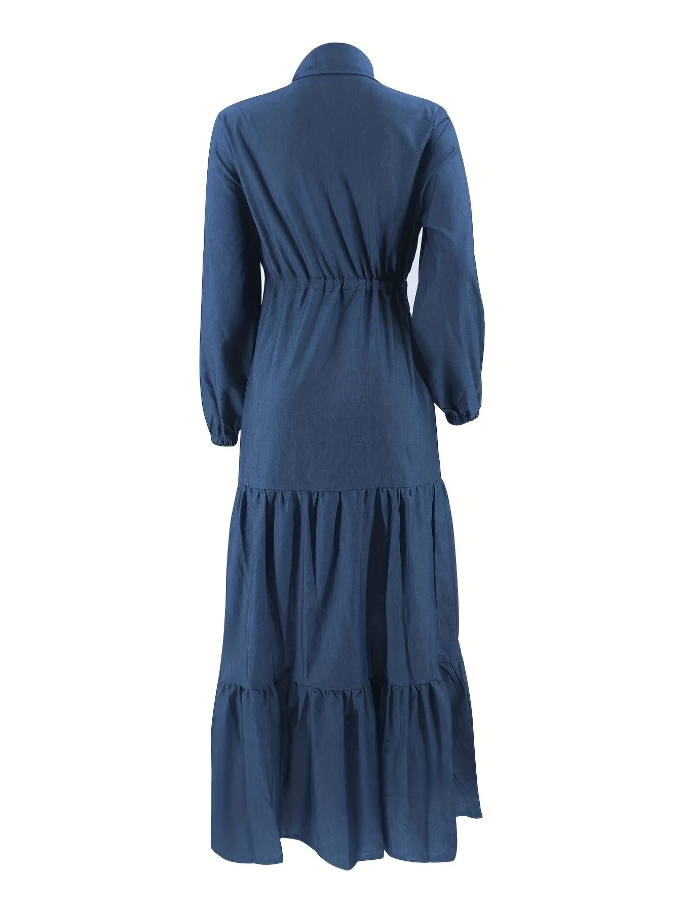 Ele Blue Patched Denim Dr Middle East Faion Commute Sle Verstelbare taille Lange Sve A-lijn rok uit één stuk