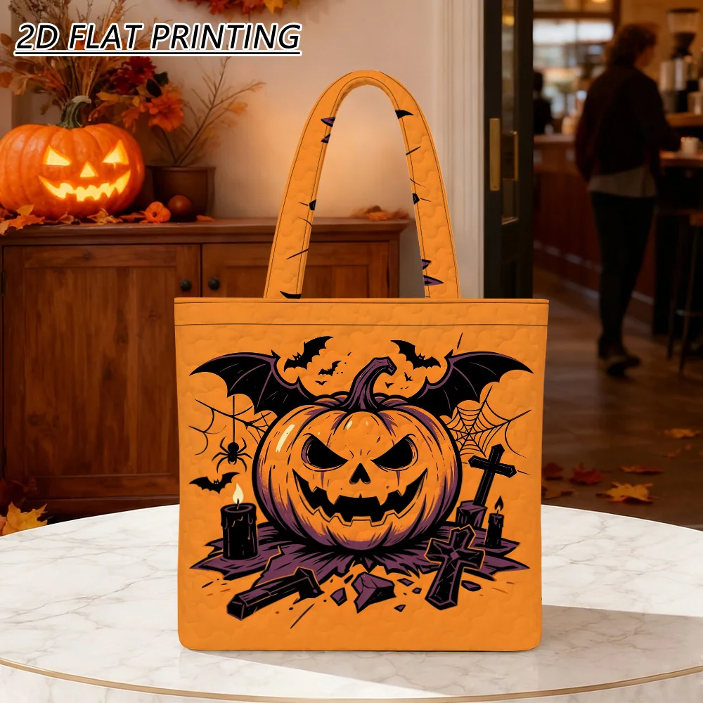 1pc pumpkin bats spiders Quilted Women'S Shoulder Bag, Fine Craft For Grocery And Halloween Holiday Gifts, Daily