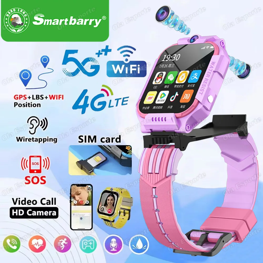 

Детские умные часы 5G с GPS, SIM-картой, функцией SOS, видеозвонками, водонепроницаемые, с камерой, для мальчиков и девочек, подарок для детей