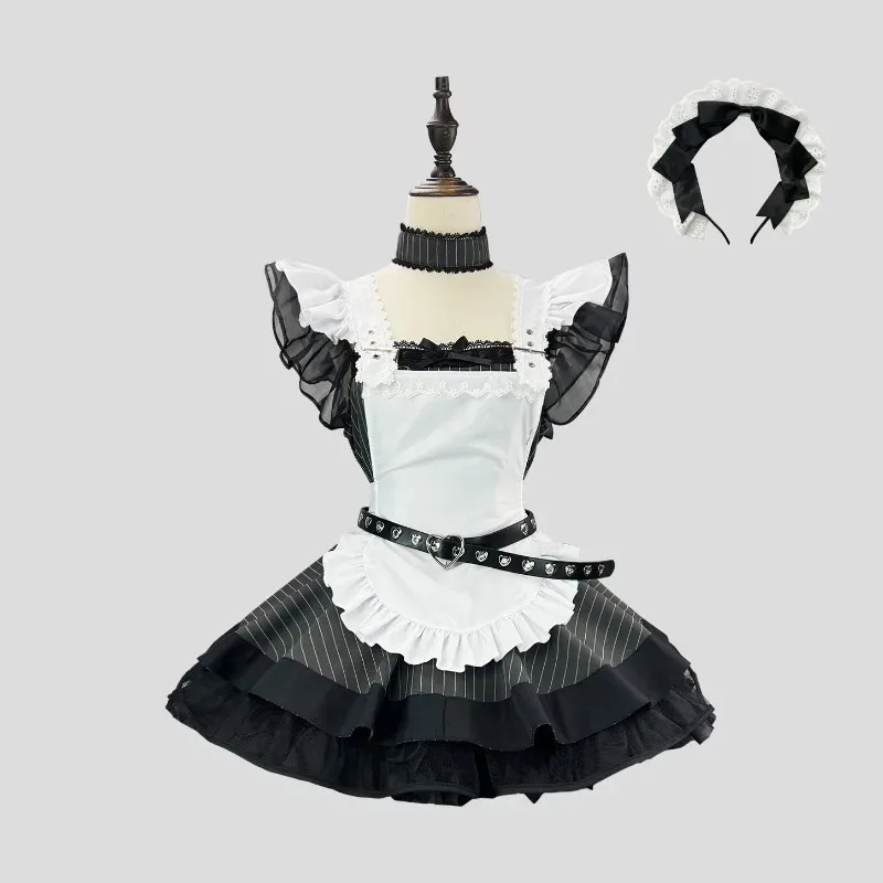 Vintage Elegant France Maid Cosplay Dress Japanese Subculture Short Sleeve Mesh Dress White Apron Black Dress Gown Vestidos Set - view 5
