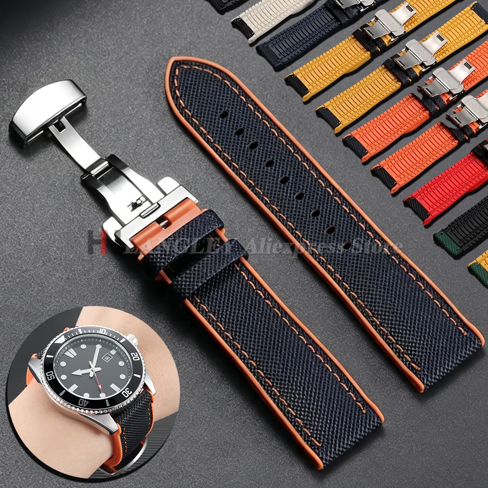 for IWC for Tudor for Seiko for Omega Nylon Sailcloth Silicone Bottom Watch Strap 18/19/20/21/22/24mm Watchband Butterfly Buckle