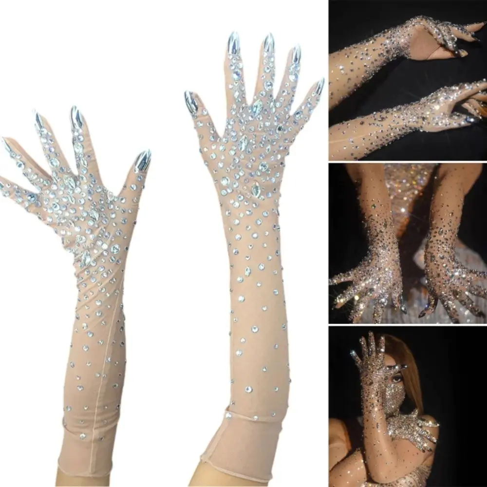 Trendy Sparkling Rhinestone Gloves Stretch Breathable Crystal Mesh Gloves Thin Soft Long Wedding Mittens Women
