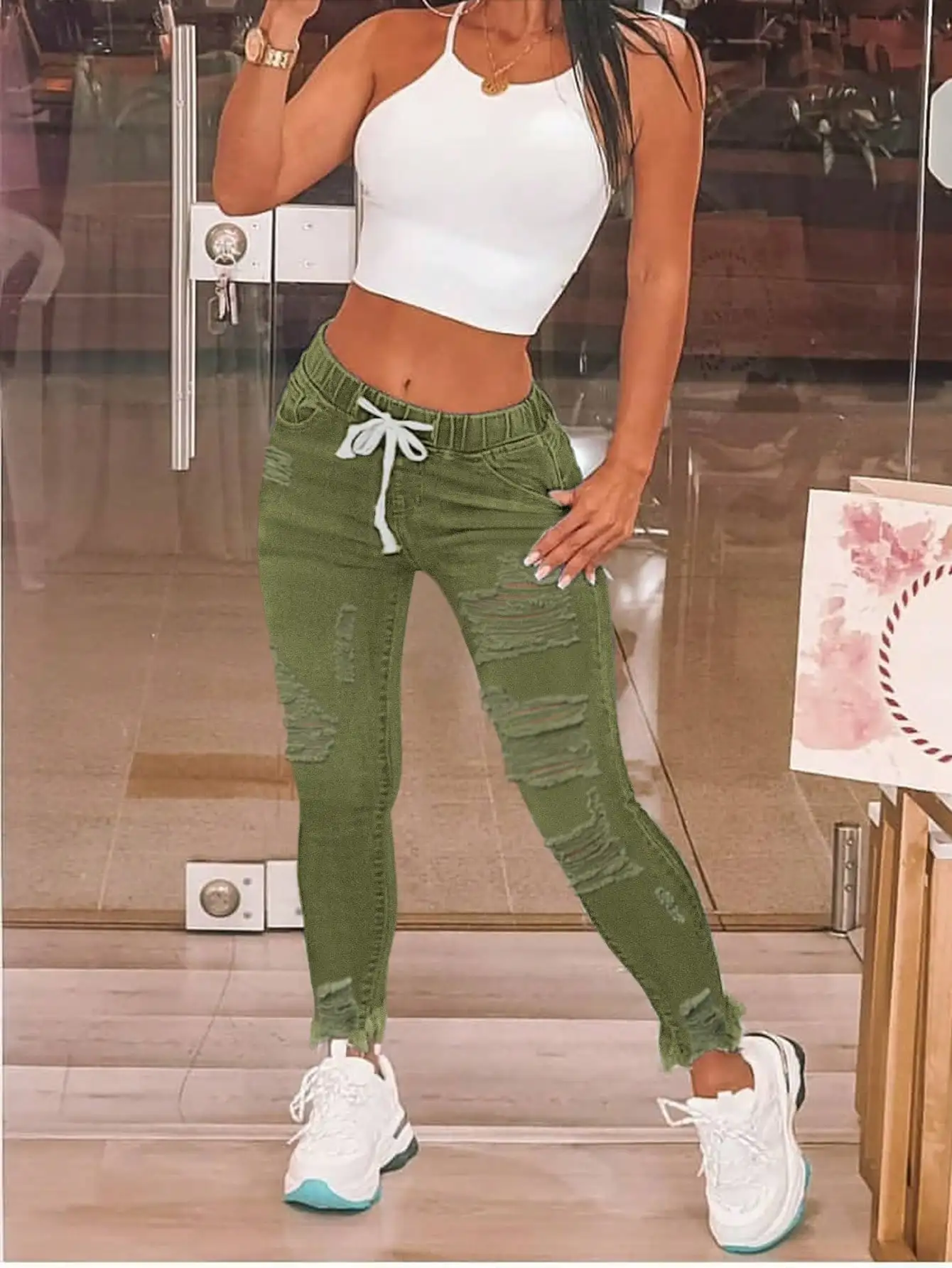 

WGXWGX Women's High-Waisted Distressed Jogger Jeans Olive Green Ripped Denim Drawstring Waist Streetwear Style Slim Fit Pants