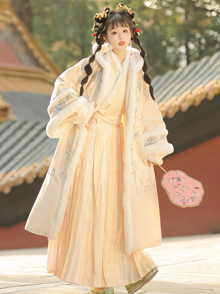 Hanfu women\'s Song style double breasted plush thick hooded long pleated skirt